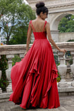 Pine A Line Spaghetti Straps Chiffon Long Asymmetrical Bridesmaid Dress with Ruffles