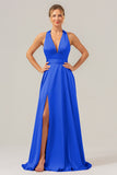 Daffodil A Line Deep V Neck Lace Up Back Long Satin Bridesmaid Dress with Slit