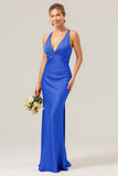 Champagne Mermaid Deep V Neck Ruched Long Bridesmaid Dress with Lace Up Back