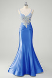 Blue Mermaid Spaghetti Straps Corset Long Ruched Prom Dress with Appliques