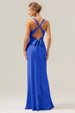 Champagne Mermaid Deep V Neck Ruched Long Bridesmaid Dress with Lace Up Back