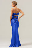 Daffodil Mermaid Spaghetti Straps Front Pleated Long Bridesmaid Dress