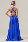 Daffodil A Line Deep V Neck Lace Up Back Long Satin Bridesmaid Dress with Slit