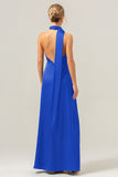 Peacock Sheath Deep V Neck Open Back Long Satin Bridesmaid Dress with Streamer