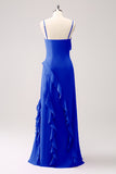 Sheath Spaghetti Straps Ruffle Long Bridesmaid Dress with Slit