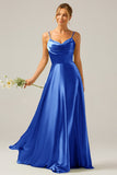 Dusty Blue A-Line Cowl Neck Spaghetti Straps Bridesmaid Dress With Sequins