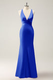 Mermaid Deep V Neck Pleated Backless Bridesmaid Dress with Lace Up Back