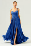 A Line Spaghetti Straps Pleated Chiffon Long Bridesmaid Dress with Slit