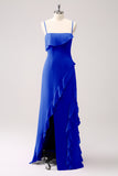 Sheath Spaghetti Straps Ruffle Long Bridesmaid Dress with Slit