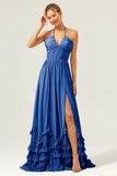 A Line Halter Lace Up Back Chiffon Long Bridesmaid Dress with Slit