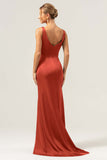 Burgundy Mermaid V Neck Ruched High-Low Long Satin Bridesmaid Dress with Slit