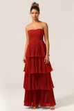 Rust A-Line Sweetheart Tiered Floor Length Chiffon Bridesmaid Dress