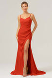 Black Sheath Spaghetti Straps Ruched Long Satin Bridesmaid Dress with Slit