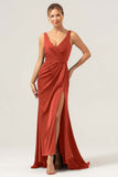 Burgundy Mermaid V Neck Ruched High-Low Long Satin Bridesmaid Dress with Slit