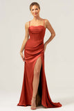 Martini Mermaid Cowl Neckline Ruched Corset Long Satin Bridesmaid Dress with Slit