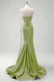 Dark Green Mermaid Strapless Corset Cut Out Beaded Prom Long Dress with Slit