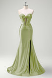 Dark Green Mermaid Strapless Corset Cut Out Beaded Prom Long Dress with Slit