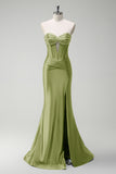 Dark Green Mermaid Removable Straps Slit Corset Cut Out Prom Dress with Beading