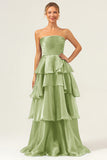 Blue A-Line Strapless Tiered Pleated Ruffled Floor Length Dress