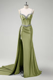 Sparkly Dark Green Mermaid Streamer Corset Long Prom Dress with Slit