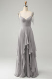 A Line Spaghetti Straps Chiffon Long Eucalyptus Bridesmaid Dress with Ruffles