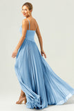 A Line Spaghetti Straps Pleated Chiffon Long Bridesmaid Dress with Slit