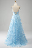 Charming Sky Blue A Line Spaghetti Straps Prom Dress with Split Front