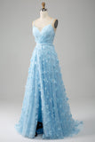 Charming Sky Blue A Line Spaghetti Straps Prom Dress with Split Front