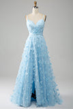 Charming Sky Blue A Line Spaghetti Straps Prom Dress with Split Front