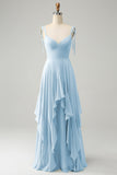 A Line Spaghetti Straps Chiffon Long Eucalyptus Bridesmaid Dress with Ruffles