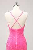 Unique Glitter Hot Pink Spaghetti Straps Sequin Tight Homecoming Dress with Tassel