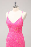 Unique Glitter Hot Pink Spaghetti Straps Sequin Tight Homecoming Dress with Tassel