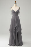 A Line Spaghetti Straps Chiffon Long Eucalyptus Bridesmaid Dress with Ruffles