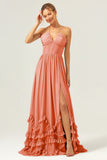 A Line Halter Lace Up Back Chiffon Long Bridesmaid Dress with Slit