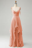 A Line Spaghetti Straps Chiffon Long Eucalyptus Bridesmaid Dress with Ruffles