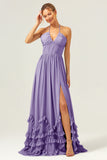 A Line Halter Lace Up Back Chiffon Long Bridesmaid Dress with Slit