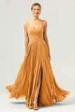 A Line Spaghetti Straps Pleated Chiffon Long Bridesmaid Dress with Slit