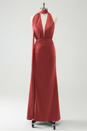 Terracotta Sheath Deep V Neck Ruched Long Bridesmaid Dress With Open Back