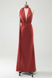 Elegant Terracotta Mermaid Deep V Neck Pleated Long Bridesmaid Dress