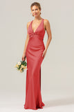 Champagne Mermaid Deep V Neck Ruched Long Bridesmaid Dress with Lace Up Back