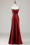 A-Line Spaghetti Straps Sleeveless Satin Maxi Bridesmaid Dress With Slit