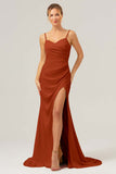 Black Sheath Spaghetti Straps Ruched Long Satin Bridesmaid Dress with Slit