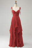 A Line Spaghetti Straps Chiffon Long Eucalyptus Bridesmaid Dress with Ruffles