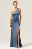 Dark Green Elegant Mermaid One Shoulder Pleated Backless Bridesmaid Dress with Slit