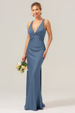 Champagne Mermaid Deep V Neck Ruched Long Bridesmaid Dress with Lace Up Back