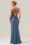 Champagne Mermaid Deep V Neck Ruched Long Bridesmaid Dress with Lace Up Back