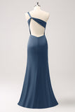 Elegant Olive Mermaid One Shoulder Pleated Backless Bridesmaid Dress with Slit