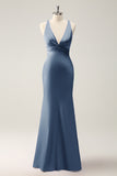 Mermaid Deep V Neck Pleated Backless Bridesmaid Dress with Lace Up Back