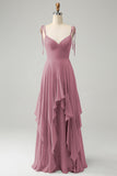 A Line Spaghetti Straps Chiffon Long Eucalyptus Bridesmaid Dress with Ruffles