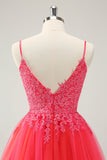 Cute Hot Pink A Line Spaghetti Straps Sequin Short Homecoming Dress with Appliques